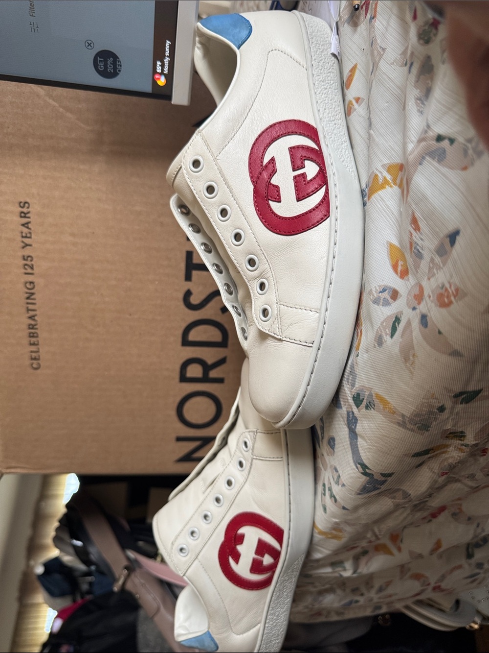Gucci Cream Leather Sneakers with Red Logo and Blue Heel Tab! Serial #625783